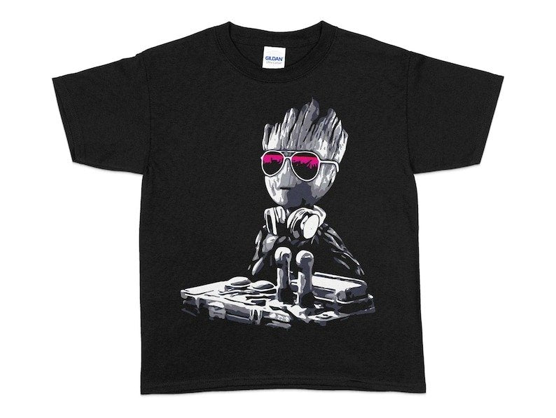 Baby Groot DJ Music Movie Fan Kids Novelty Gaming Printed T Shirt Slogan image 0