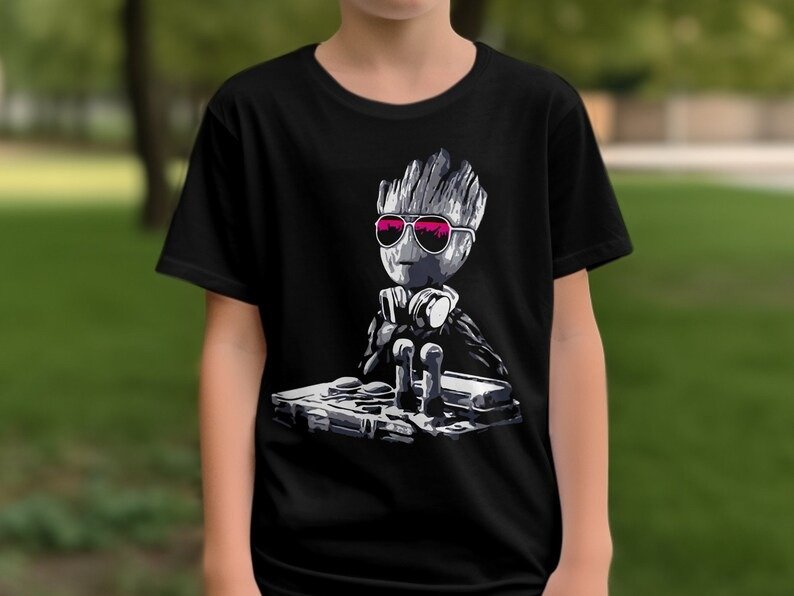 Baby Groot DJ Music Movie Fan Kids Novelty Gaming Printed T Shirt Slogan image 1
