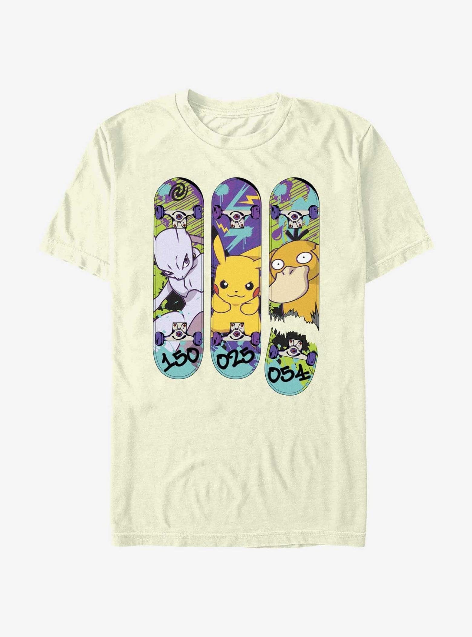 Pokemon Mewtwo, Pikachu, and Psyduck Skateboard Deck Art T-Shirt image 0
