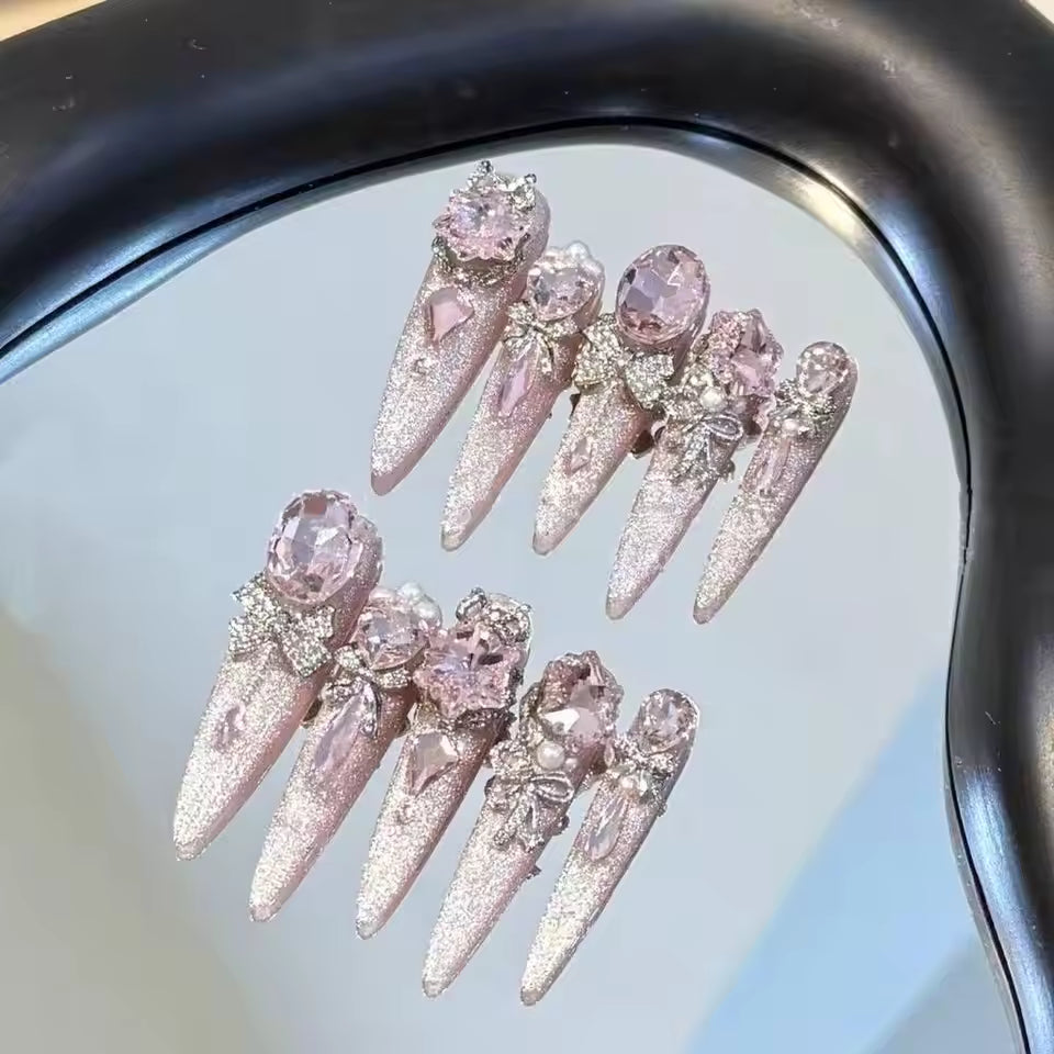 Luxury Cat Eye Pink Sweet Cool Fake Nails 3D Glitter Diamond Pearl