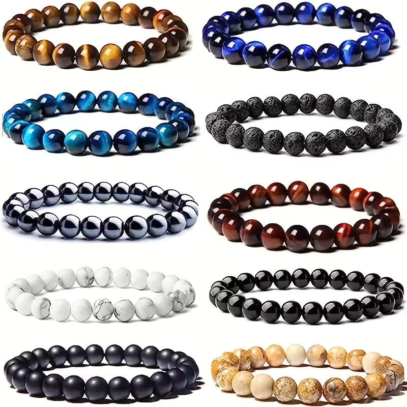10pcs Set 8Mm Bracelet Round Beaded Bracelet Men And Women Stone Crystal Stone Natural Stone Stretch Beaded Bracelet Unisex, Suitable for Men And Women Holiday Gift Simple Gift