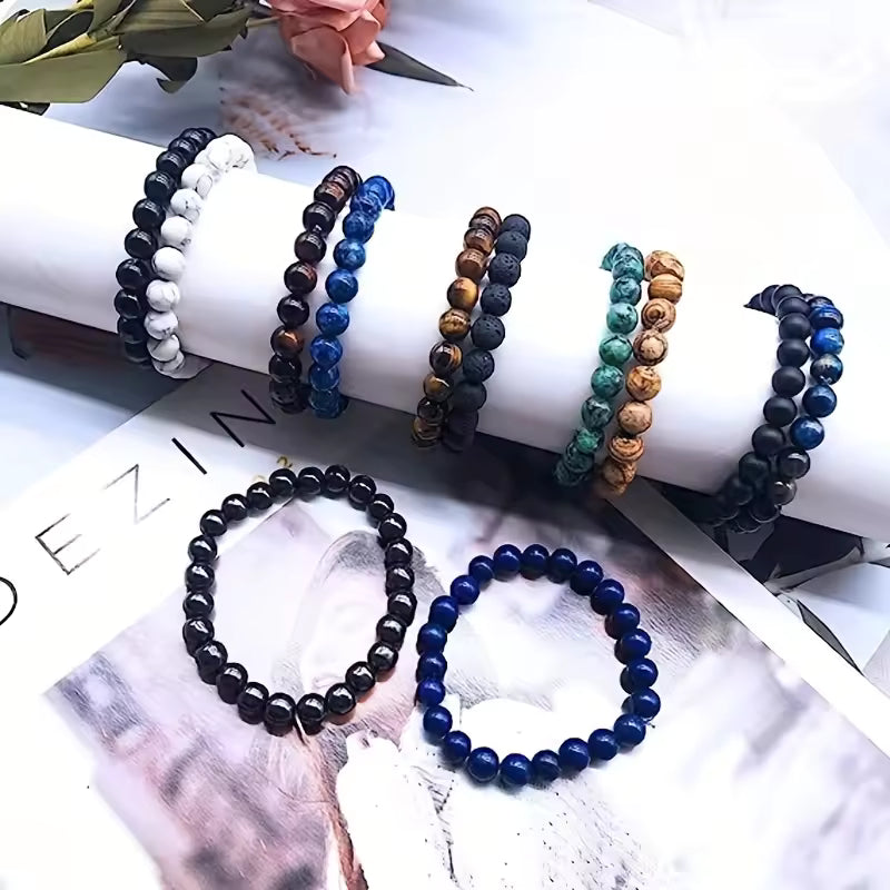 10pcs Set 8Mm Bracelet Round Beaded Bracelet Men And Women Stone Crystal Stone Natural Stone Stretch Beaded Bracelet Unisex, Suitable for Men And Women Holiday Gift Simple Gift