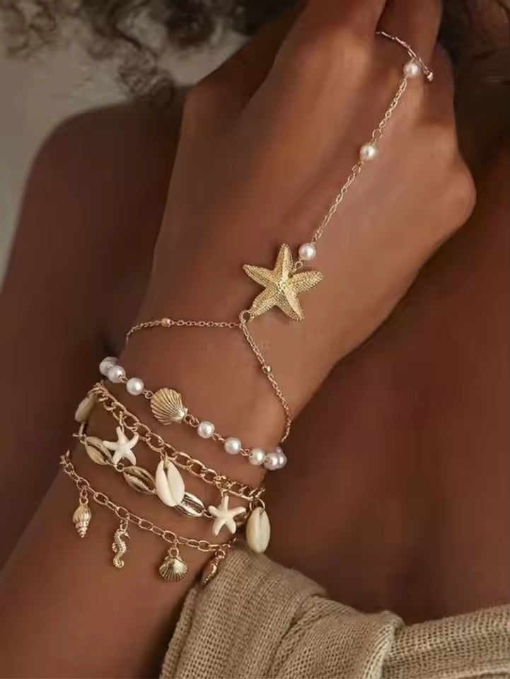 5pcs/Set Boho Beach Vacation Starfish Shell Hand Chain Bracelet Layered Cowrie Pearl Finger Ring Jewelry Set,Suitable For Summer Beach