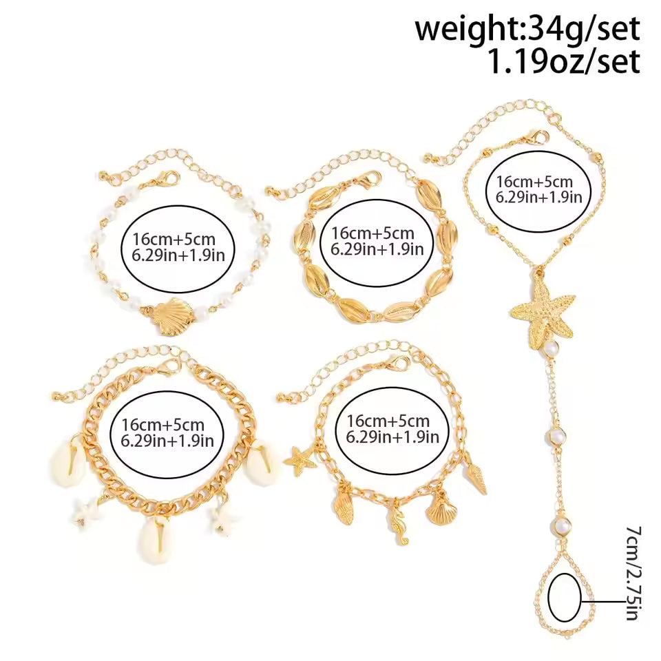 5pcs/Set Boho Beach Vacation Starfish Shell Hand Chain Bracelet Layered Cowrie Pearl Finger Ring Jewelry Set,Suitable For Summer Beach