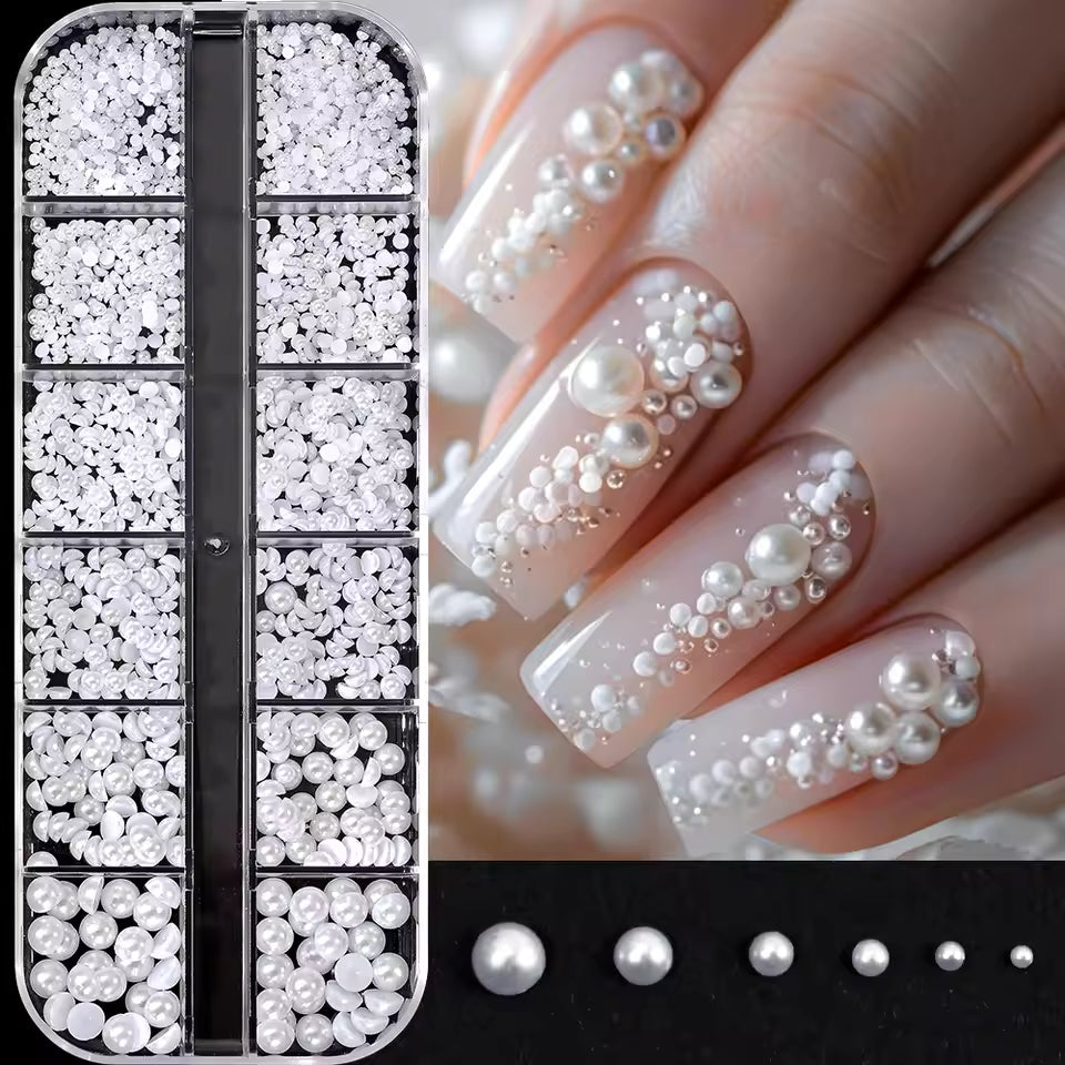 12Grids 3D Mixed White Pearls Nail Charms 0.15-0.5mm Round/Semicircle Pearl Beads Nail Art Rhinestones DIY Manicure Accessories