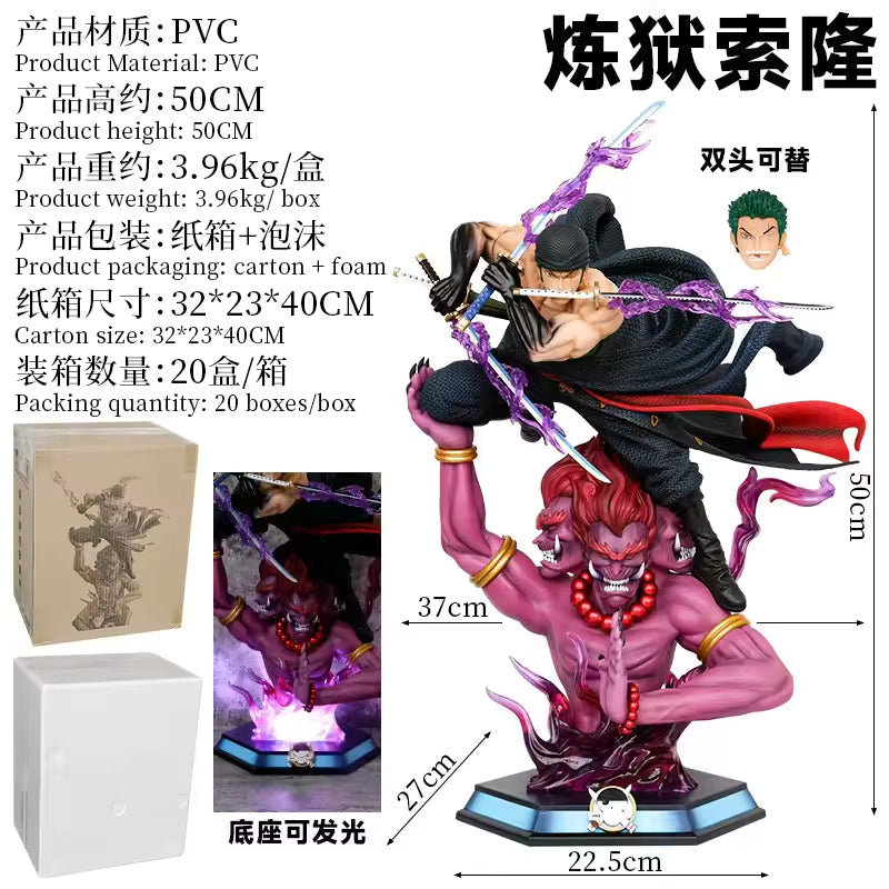 50cm One Piece Roronoa Zoro Purgatory Asura Gk Statue Replaceable Double Head Pvc Glowing Base Anime Figure For Adult Collectors