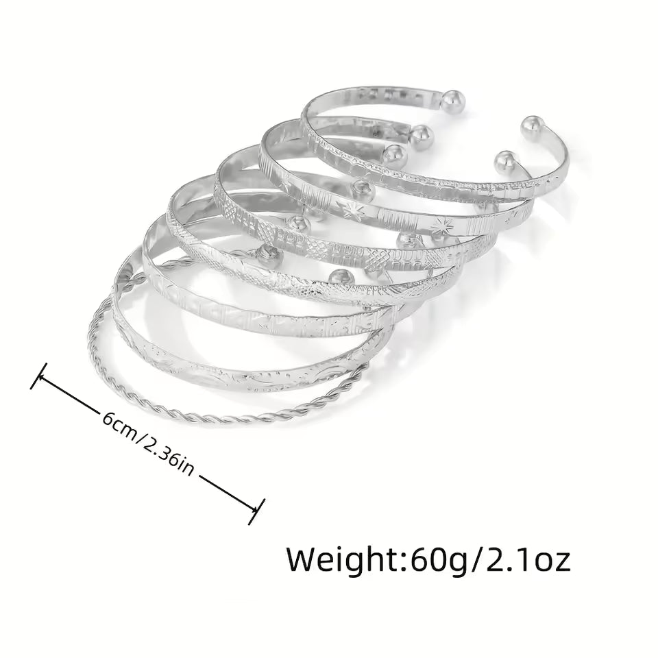 Minimalist Cuff Bangle Set 7Pcs, Delicate Engraved Multi Pattern Open Bracelet for Women, Clean Aesthetic Stackable Wristband, Chic Office Casual Jewelry Accessories Trendy Daily Gift