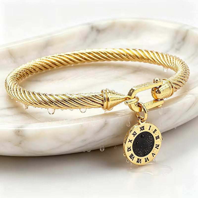 316L Stainless Steel Twisted Cable Bangle Roman Numeral Pendant Round Charm Bracelet Waterproof Hypoallergenic Fade Resistant Women Jewelry