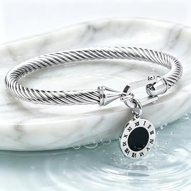 316L Stainless Steel Twisted Cable Bangle Roman Numeral Pendant Round Charm Bracelet Waterproof Hypoallergenic Fade Resistant Women Jewelry