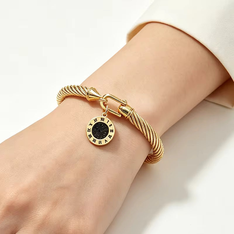 316L Stainless Steel Twisted Cable Bangle Roman Numeral Pendant Round Charm Bracelet Waterproof Hypoallergenic Fade Resistant Women Jewelry