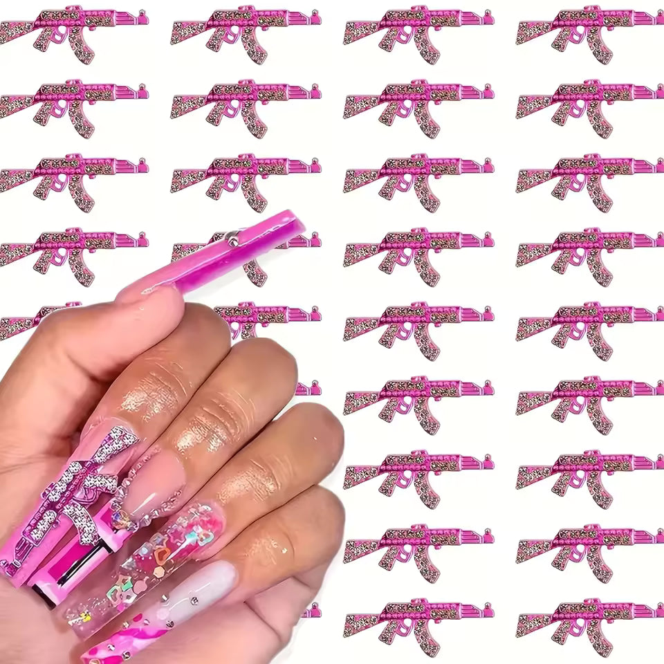 50pcs 3D Alloy Pink Gun Nail Art Charms with Crystal Rhinestones