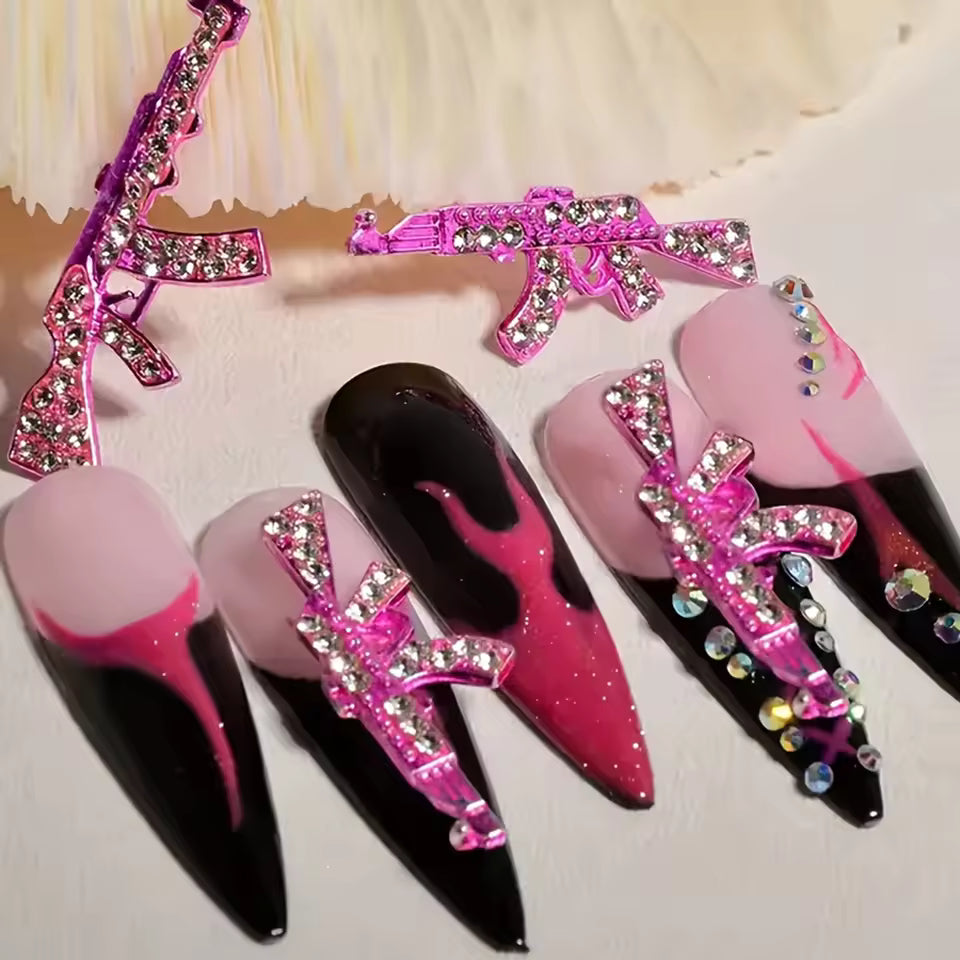 50pcs 3D Alloy Pink Gun Nail Art Charms with Crystal Rhinestones