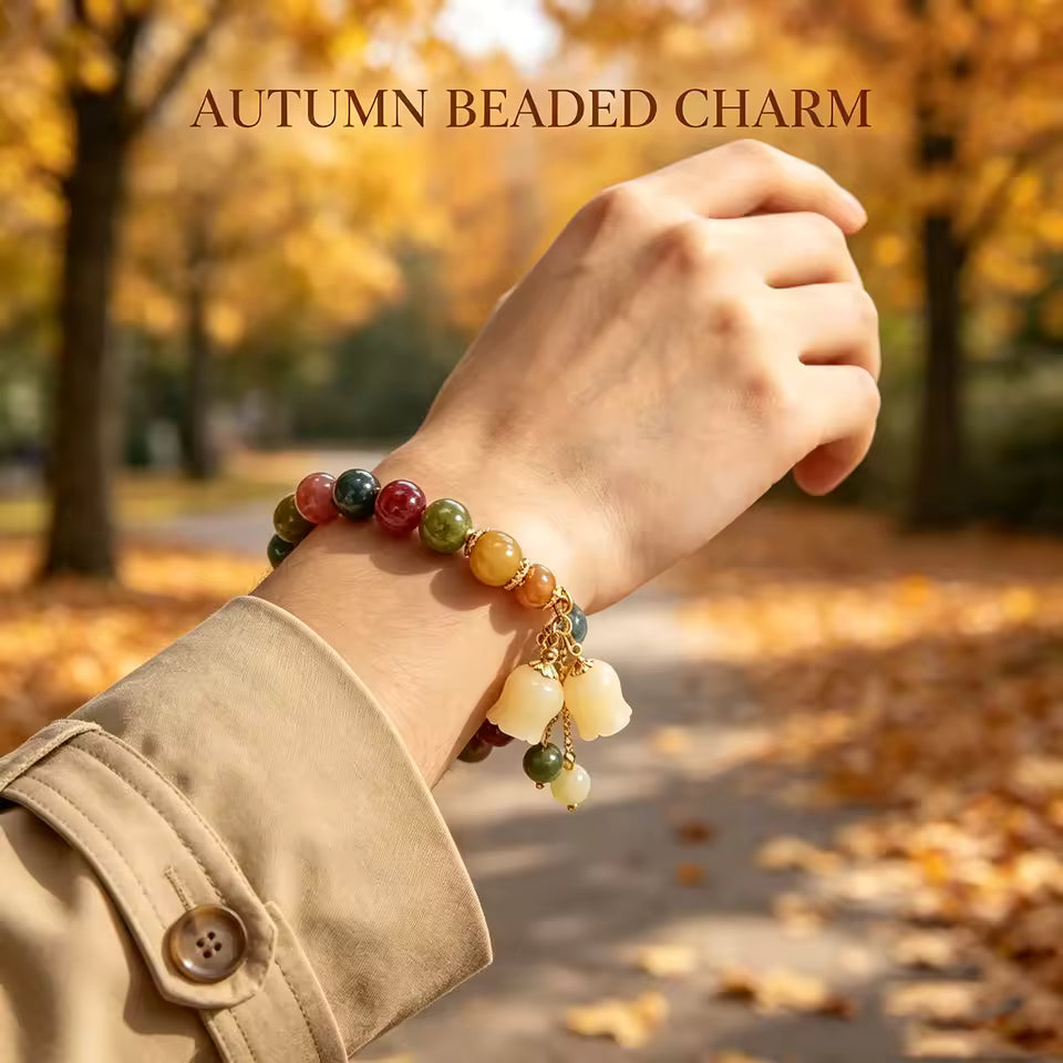 Vintage Antique Style Beaded Bracelet, Chinese Multi Gemstone Wristband with Carved Lily of The Valley Pendant, Retro Heirloom Aesthetic Jewelry Gift for Classic Fashion Lovers