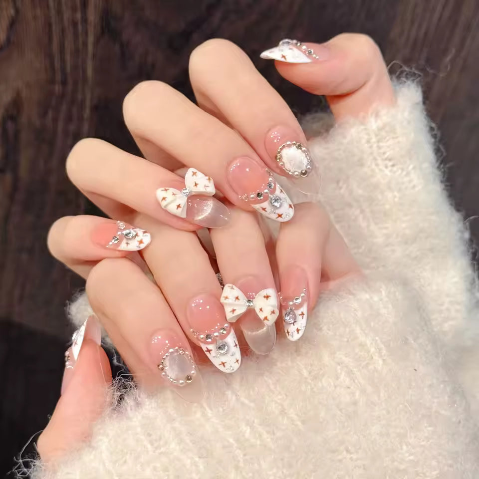 White Bow Decor Korean False Nails