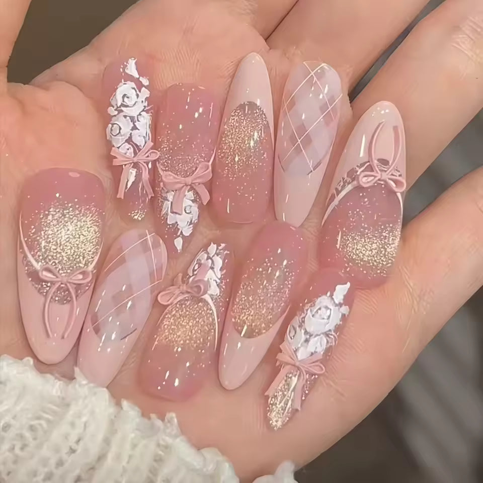 Cat Eye Pink Bow False Nails
