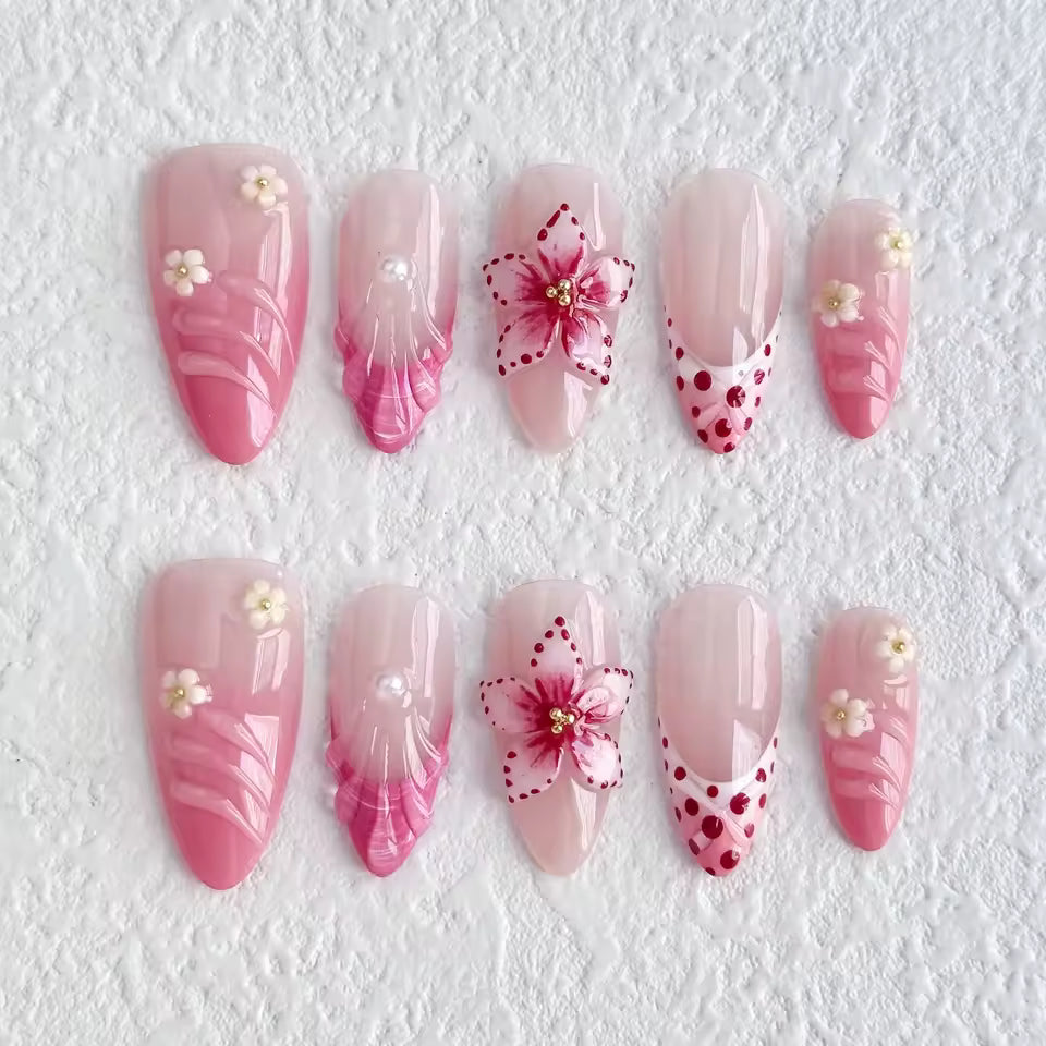 Pink Flowers False Nails