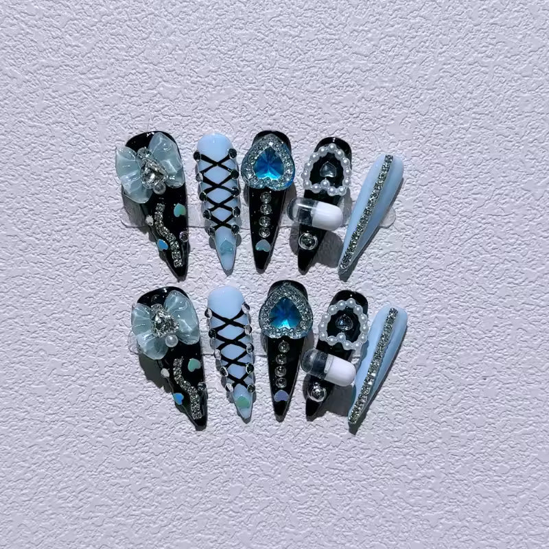 Blue Heart Diamond Bow Decoration False Nails