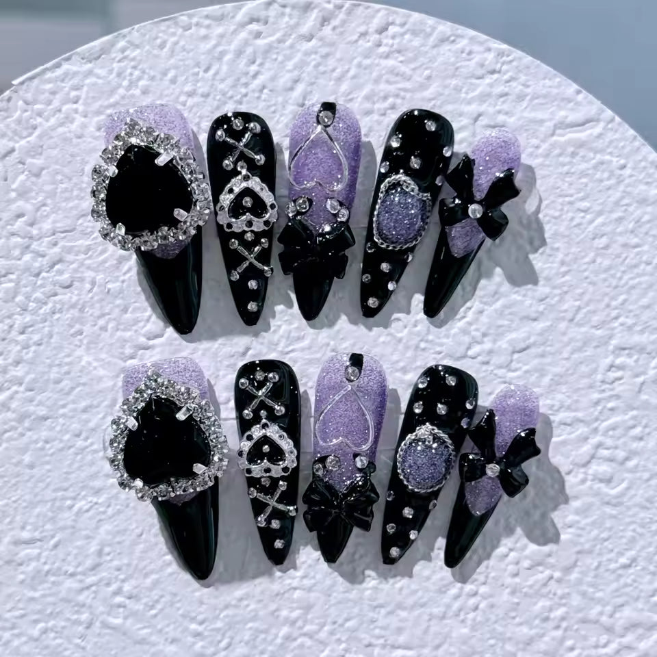 Back Pink Heart Diamond Bow Decoration False Nails