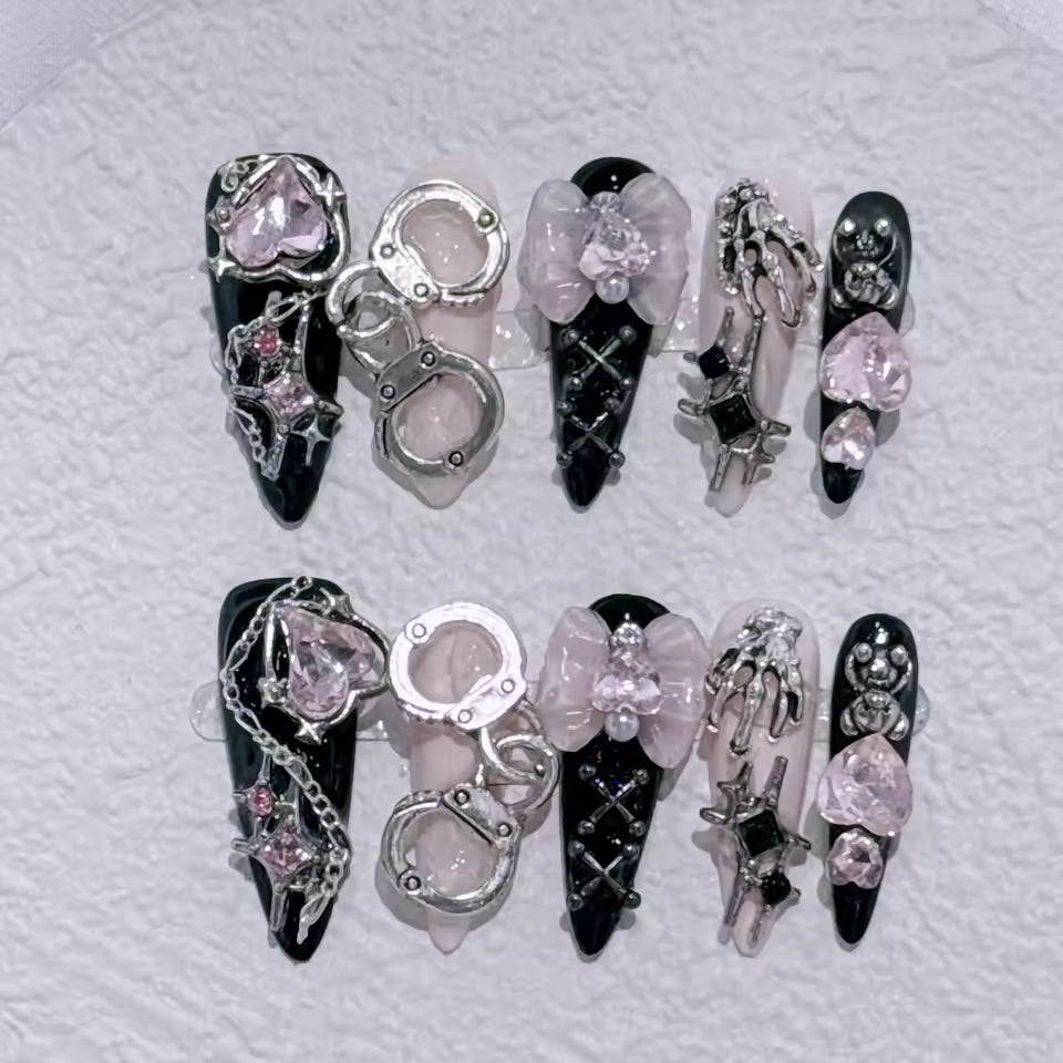 Back Pink Cuff Diamond Bow Decoration False Nails