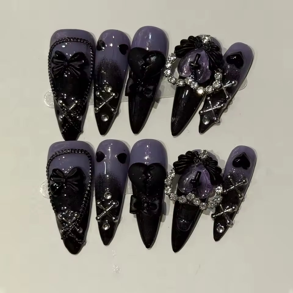 Back Pink Cross Heart Diamond Bow Decoration False Nails