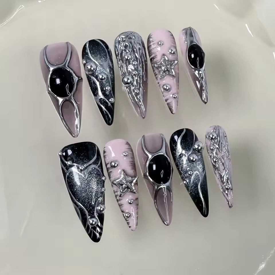 Back Pink Roses Star Decoration False Nails