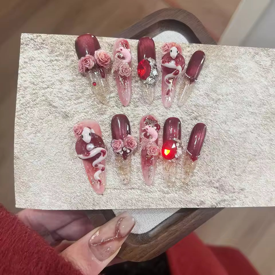 Red Roses Snakes Decoration False Nails