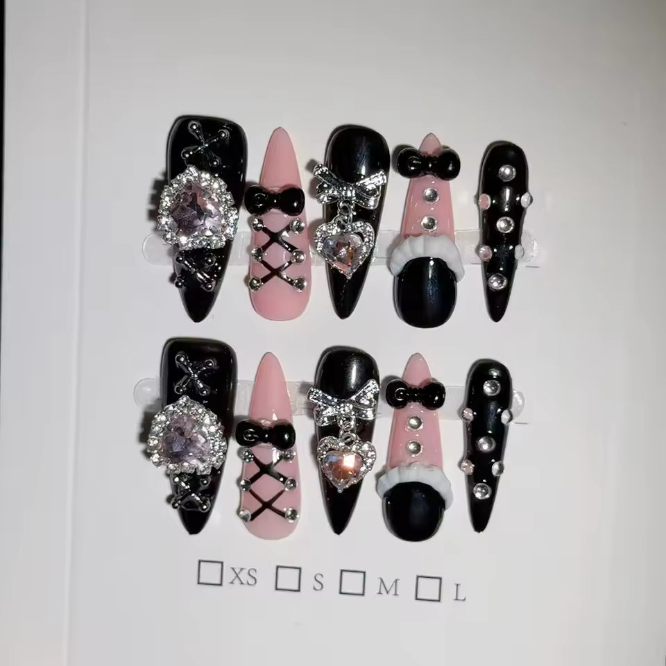 Black Pink Heart  Decoration False Nails