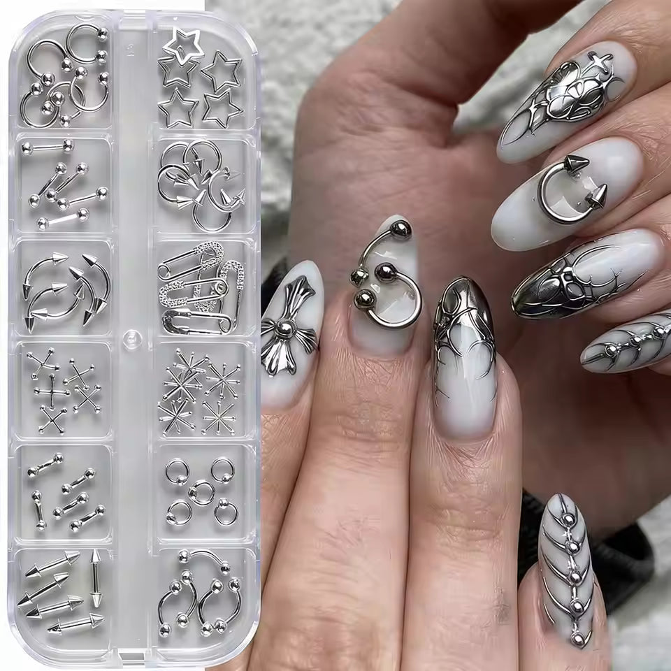 12 Grids Silver Gothic Star Cross Spike Nail Charms