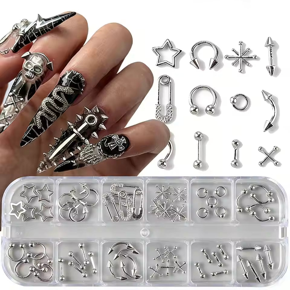 12 Grids Silver Gothic Star Cross Spike Nail Charms