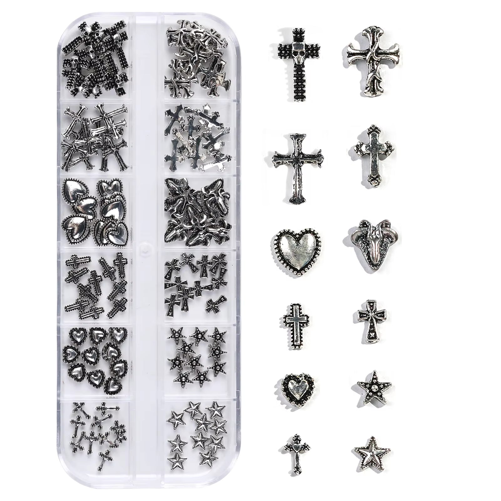 120PCS / 1 Box Vintage Cross & Heart Metal Nail Charms Set