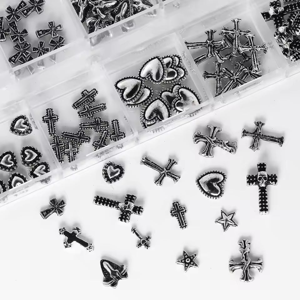120PCS / 1 Box Vintage Cross & Heart Metal Nail Charms Set